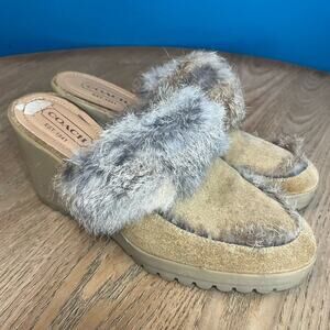 COACH Kaela Suede & Fur Wedge Mules Slip On Moccasins Tan Women’s 7